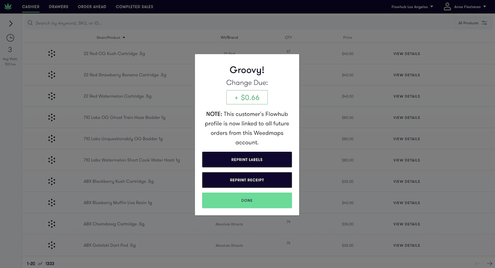 Checkout screen in Flowhub