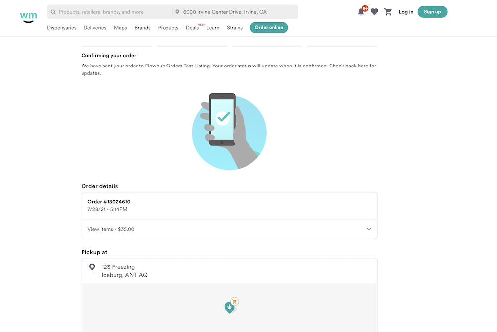 Weedmaps online ordering checkout confirmation