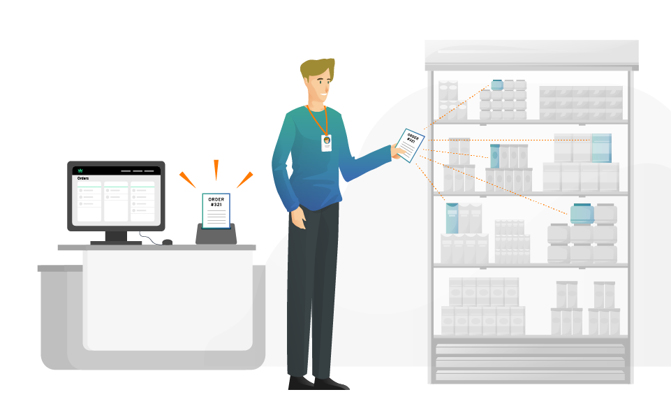 Dispensary budtender fulfills cannabis order for self-serve customers.
