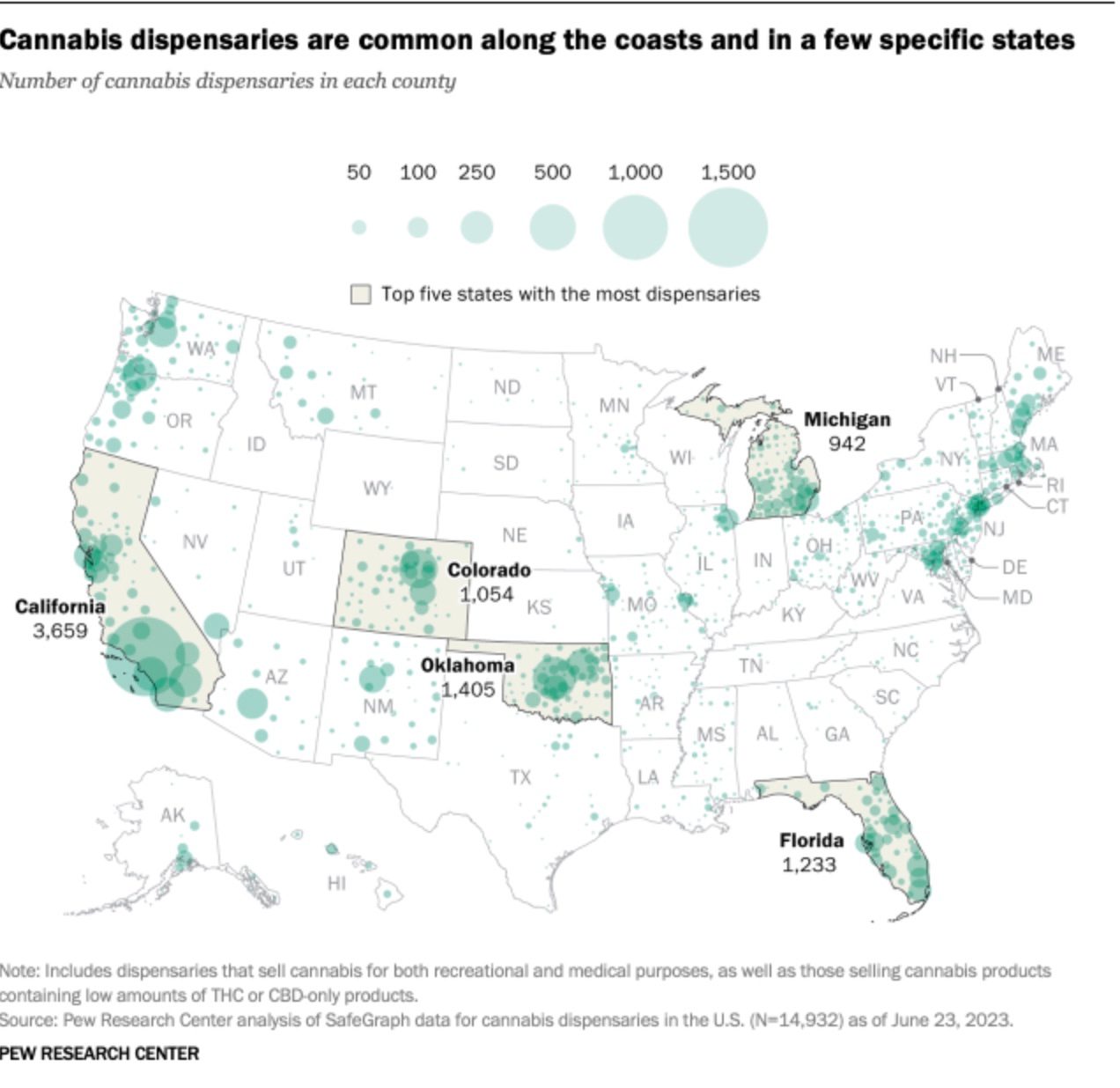 Concentration map of dispensaries by state