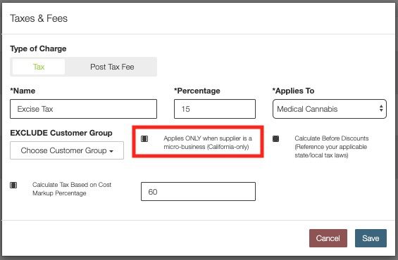 set up cannabis taxes and fees in Flowhub